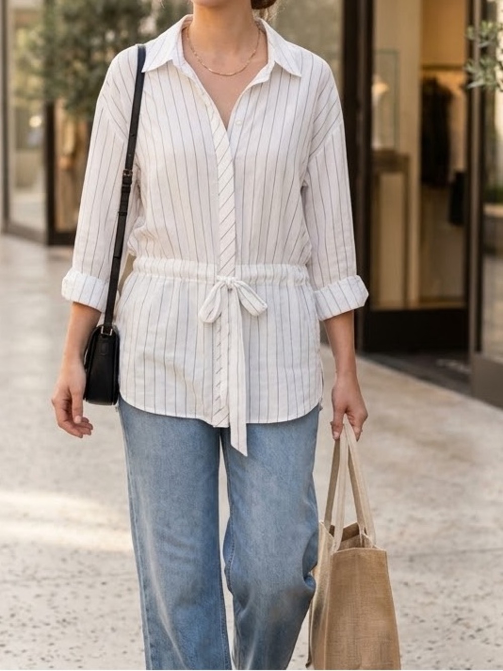 Mango Pinstripes Tied Shirt